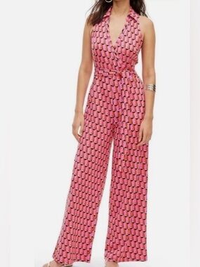 Diane Von Furstenberg Target Collared Sleeveless Pink Geo Jumpsuit Size XL
